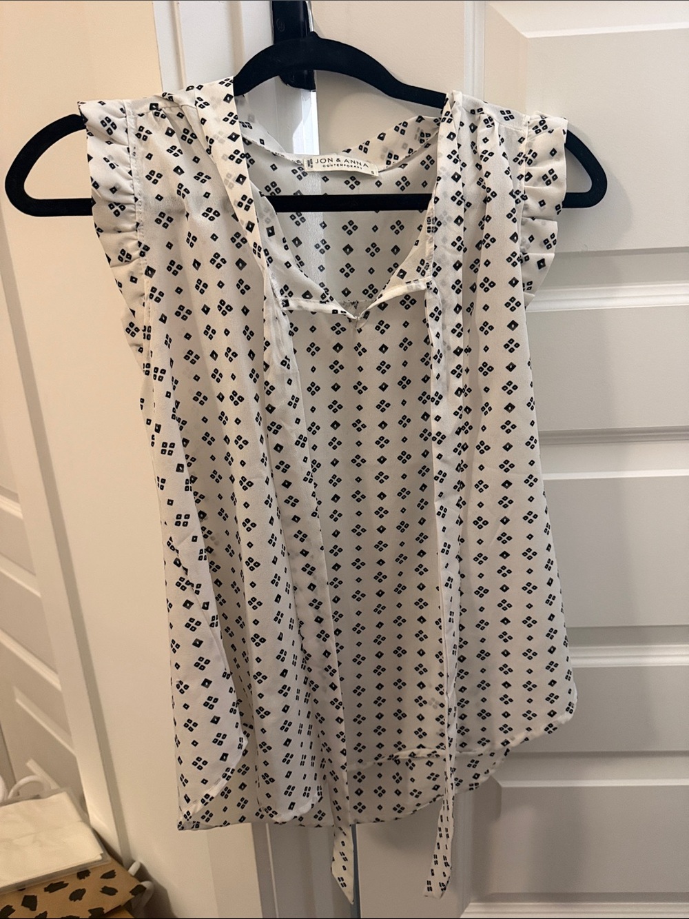 White and Black Printed Tie-Neck Top